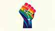 A rainbow-colored hand with a fist raised up in a powerful, symbolic gesture