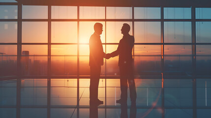 Aufkleber - Silhouette of two businessmen handshaking together while standing near window with dusk sunlight background : Generative AI