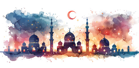 A flat illustration of Ramadan, of pink and orange against an isolated on white and transparent background with a crescent moon and stars above them