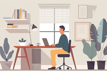 A web developer is coding websites on a computer in a sleek and contemporary home office. Simple and minimalist flat Vector Illustration