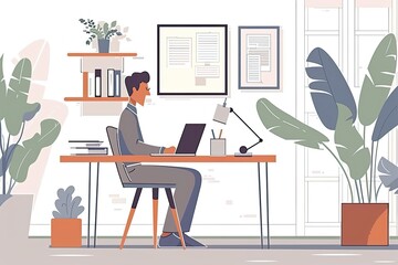 A web developer is coding websites on a computer in a sleek and contemporary home office. Simple and minimalist flat Vector Illustration