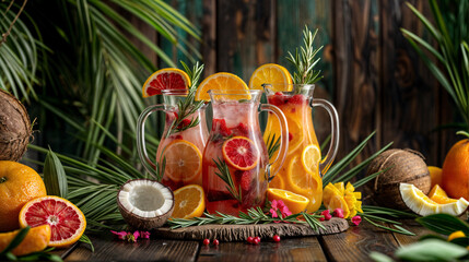 A group of three identical glass pitchers with delicious fresh flavored water and some ice cubes on the inside, one with red hibiscus water, a glass pitcher with orange water