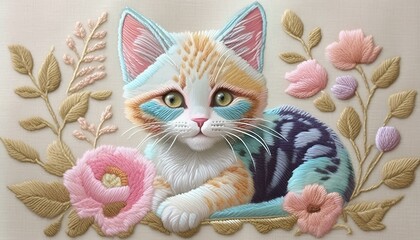 Wall Mural - Embroidery art, pastel colored embroidered calico kitten stitched on fabric, embroidery technique, thread texture, herbal dye washes, intricate, delicate, handcrafted.