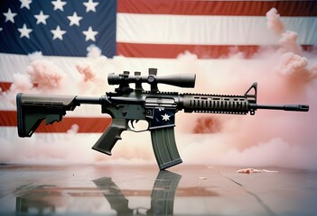 M416 assault rifle with American flag visible behind it