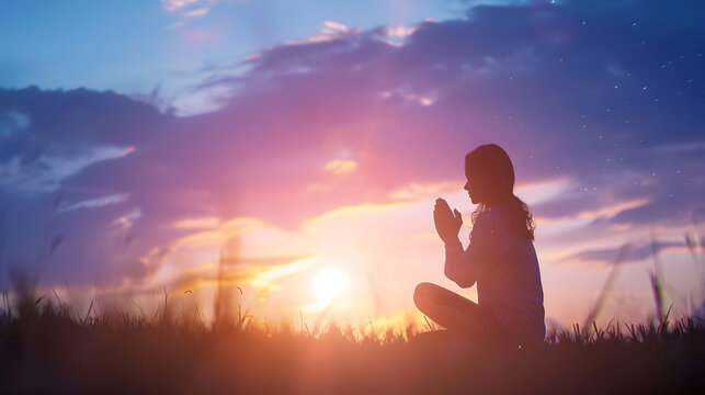 Silhouette of woman kneeling down praying for worship God at sky background Christians pray to jesus christ for calmness In morning people got to a quiet place and prayed Banner with c : Generative AI