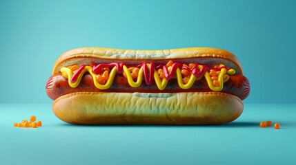 Hot dog with all the tasty toppings flat design front view delicious snack theme 3D render Triadic Color Scheme