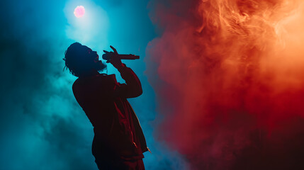 street style singer gesturing with hand on stage against dark background spotlight and smoke creatin