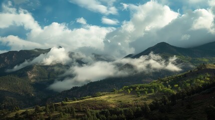 Canvas Print - Misty mountain landscape at sunrise