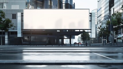 Advertising empty long white billboard with space for mockup information at urban street front view : Generative AI