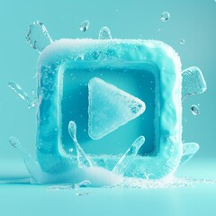 Wall Mural - 3D Icon of a Play Button with Ice Frost on Pastel Cyan Background A frost-covered play button, set against a chilly pastel cyan background, AI Generative