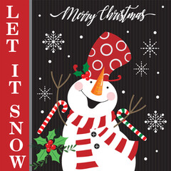 Wall Mural - Christmas card design with cute snowman and candy cane