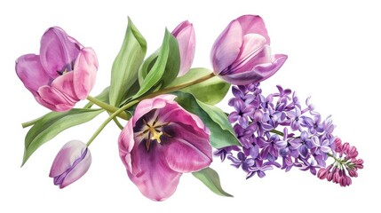 Wall Mural - Greeting card. spring flowers tulips, lilac isolated on white background. floral collection.