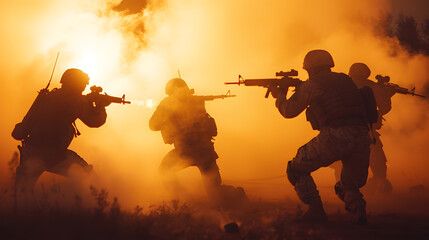 Canvas Print - Silhouettes of army soldiers in the fog against a sunset marines team in action surrounded fire and smoke shooting with assault rifle and machine gun attacking enemy : Generative AI