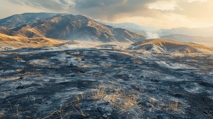 Detailed view of a scorched mountain terrain, focusing on the fine ashes and remains of a recent fire, captured under dramatic lighting