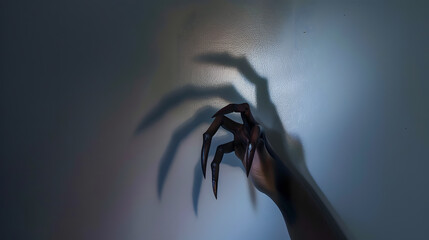 big monster claw shadow on wall Horror hand shadow on a white background copy space : Generative AI
