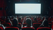 © Generative AI - Cinema blank wide screen and people in red chairs in the cinema hall Blurred People silhouettes watching movie performance : Generative AI