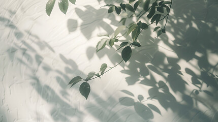 Wall Mural - Abstract tree shadow blurred background with leaves tree branch and light shadow on white wall : Generative AI