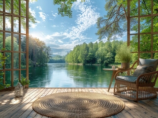 Wall Mural - Sitting area with a wooden floor, table and chairs overlooking a lake in front of a forest landscape. Created with Ai