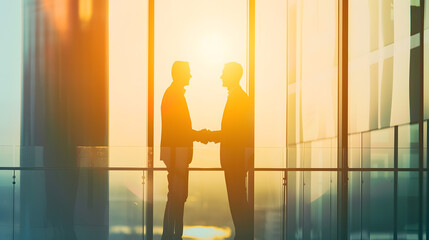 Aufkleber - Silhouette of two businessmen handshaking together while standing near window with dusk sunlight background : Generative AI