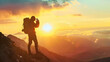 © Generative AI - Side view silhouette of unrecognizable male hiker standing on mountainous hill against sunset sky while taking photograph of nature using smartphone at nevado volcano in toluca mexico : Generative AI