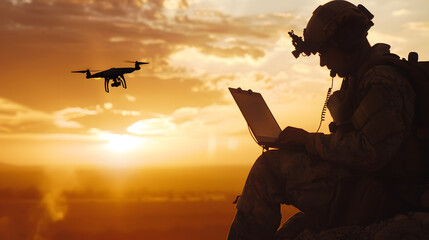 Silhouette of soldier are using drone and laptop computer for scouting during military operation : Generative AI