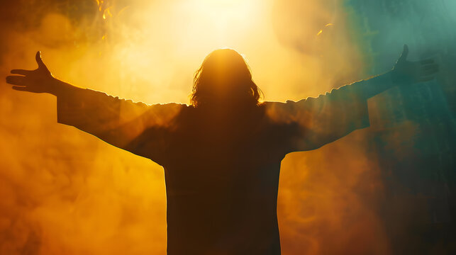 Silhouette of Jesus Christ with outstretched arms on color background back view : Generative AI