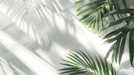 Poster - Tropical palm leaves shadow on white wall background with copy space Panorama banner : Generative AI