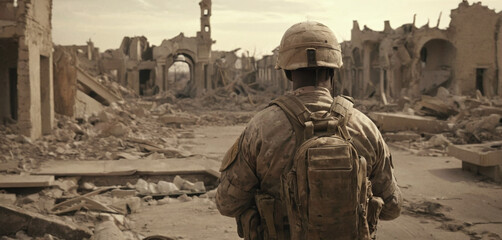 Prayer amidst devastation, soldier in the ruins of war