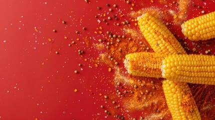 Minimal food concept Yellow sweet corn with spices set against a red backdrop