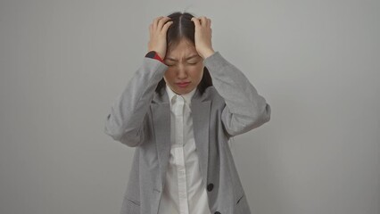 Poster - Stressed young chinese woman wearing a jacket standing isolated over white background, hands on head, suffering from severe headache and migraine pain