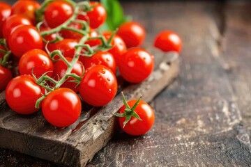 Farm Fresh: Cherry Tomatoes on the Vine Resting on Rustic Wooden Background