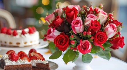 Wall Mural - Abeautiful bouquet of roses in a cafe near a delicious dessert and cakes.