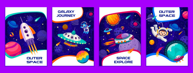 Wall Mural - space posters with kid astronaut, alien and space rocket in galaxy planets landscape. cartoon vector