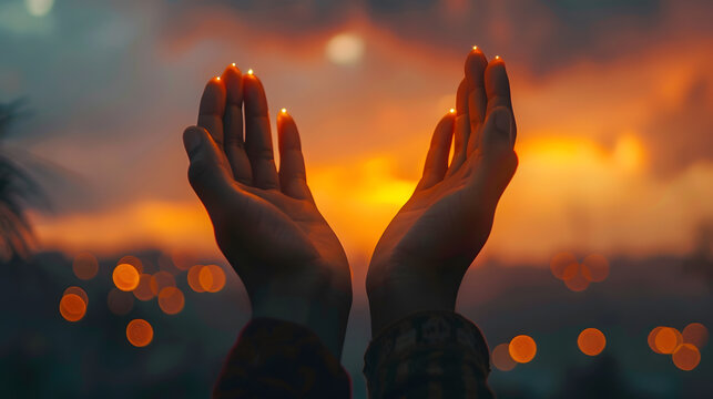 Praying muslim hands open to the sky in the holy night Social media story vertical : Generative AI