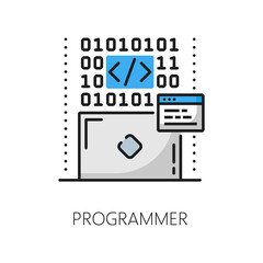 Fototapete - Programmer vacancy, IT specialist job, web development career outline color icon. Network interface programming job, website development career thin line vector pictogram with binary code