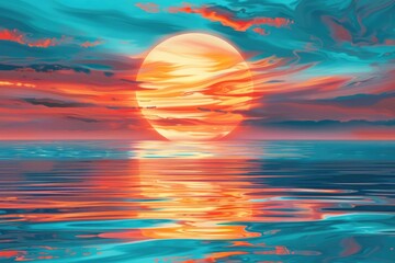 Wall Mural - Horizon Sunset. Majestic Sun Over the Summer Sea in Nature Landscape