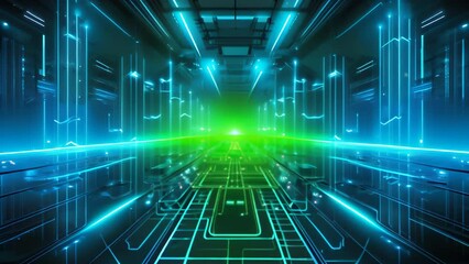 Wall Mural - A futuristic digital data center with glowing pathways and high-tech infrastructure. The vibrant neon lights and sleek design create a dynamic and advanced atmosphere.