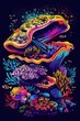Vibrant Underwater Coral Reef Ecosystem with Glowing Sea Creatures in Synthwave Style