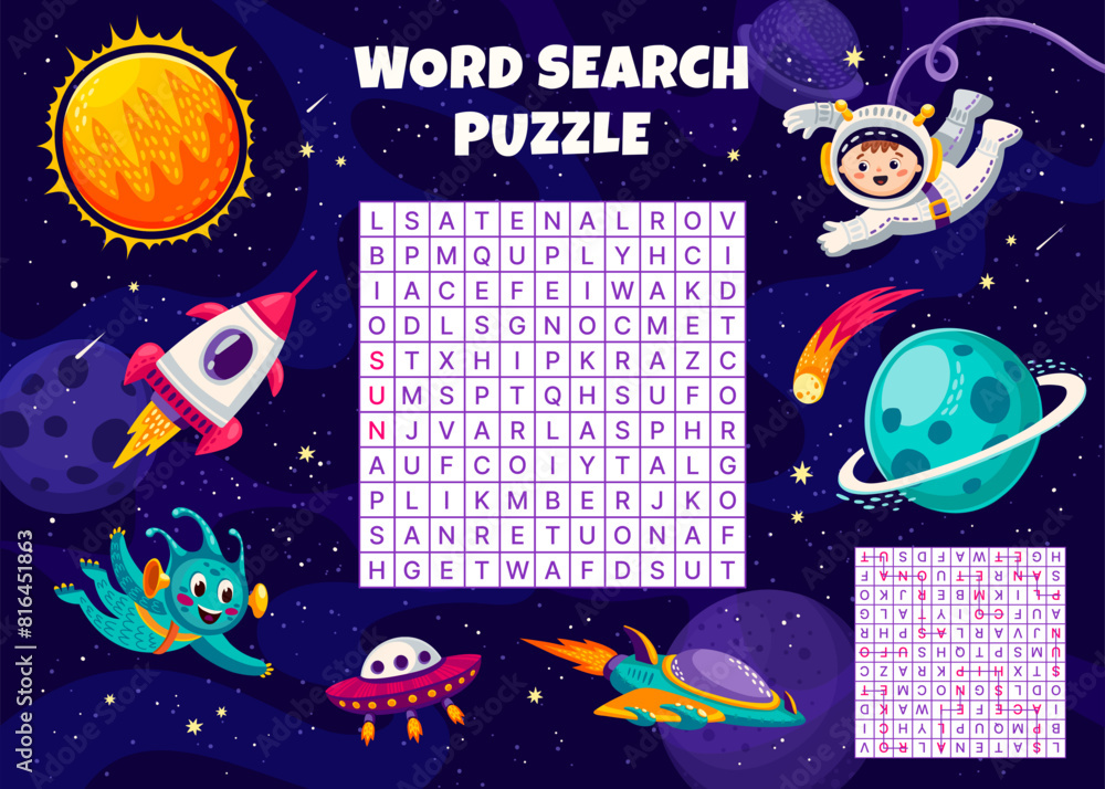 Space word search puzzle game with galaxy planets and kid astronaut ...