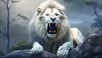 Wall Mural - White lion on a rock