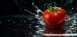 tomato splashing out of water with water reflect on black background