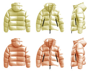 2 Set of pastel light yellow orange Down puffer padded quilted hoodie hooded parka jacket, front back side view on transparent cutout PNG file. Mockup template for artwork design