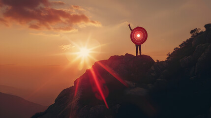 Leinwandbilder - Silhouette of businessman holding a target board on top of mountain Concept of aim and objective achievement : Generative AI