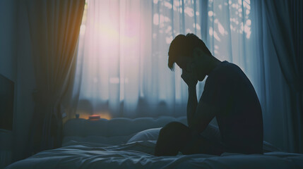Silhouette depressed man sadly sitting on the bed in the bedroom Sad asian man suffering depression insomnia awake and sit alone on the bed in bedroom Depression health people concept : Generative AI