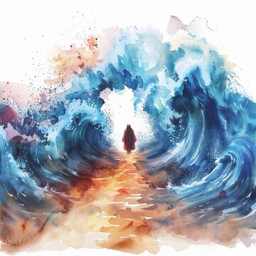 Moses parting the Red Sea dramatic watercolor waves