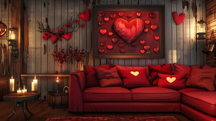 Wall Mural - Valentine interior room have red sofa and home decor