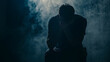 © Generative AI - Serious sad man in dark Depressed anxious person suffer from trauma solitude or drug addiction Homeless outcast with shame after mistake Dramatic moody silhouette with melancholy grief : Generative AI