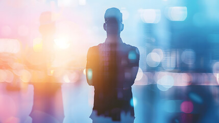 Aufkleber - Silhouette of confident businessman standing with crossed arms in abstract city with double exposure of his blurry business team Concept of leadership Toned image : Generative AI