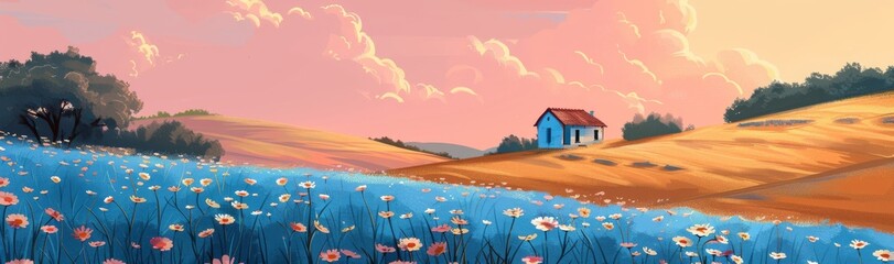 Wall Mural - Abstract flower meadow field on a beautiful landscape