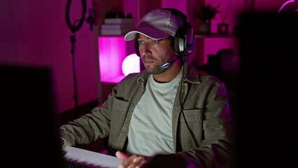 Canvas Print - Focused man wearing headset in illuminated gaming room during night time, showing modern live streaming setup.